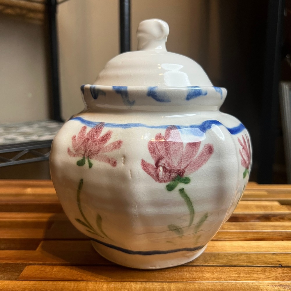 Vintage Signed Studio Pottery Lidded Jar Hand Painted Floral Folk Art 1992 - Picture 3 of 8